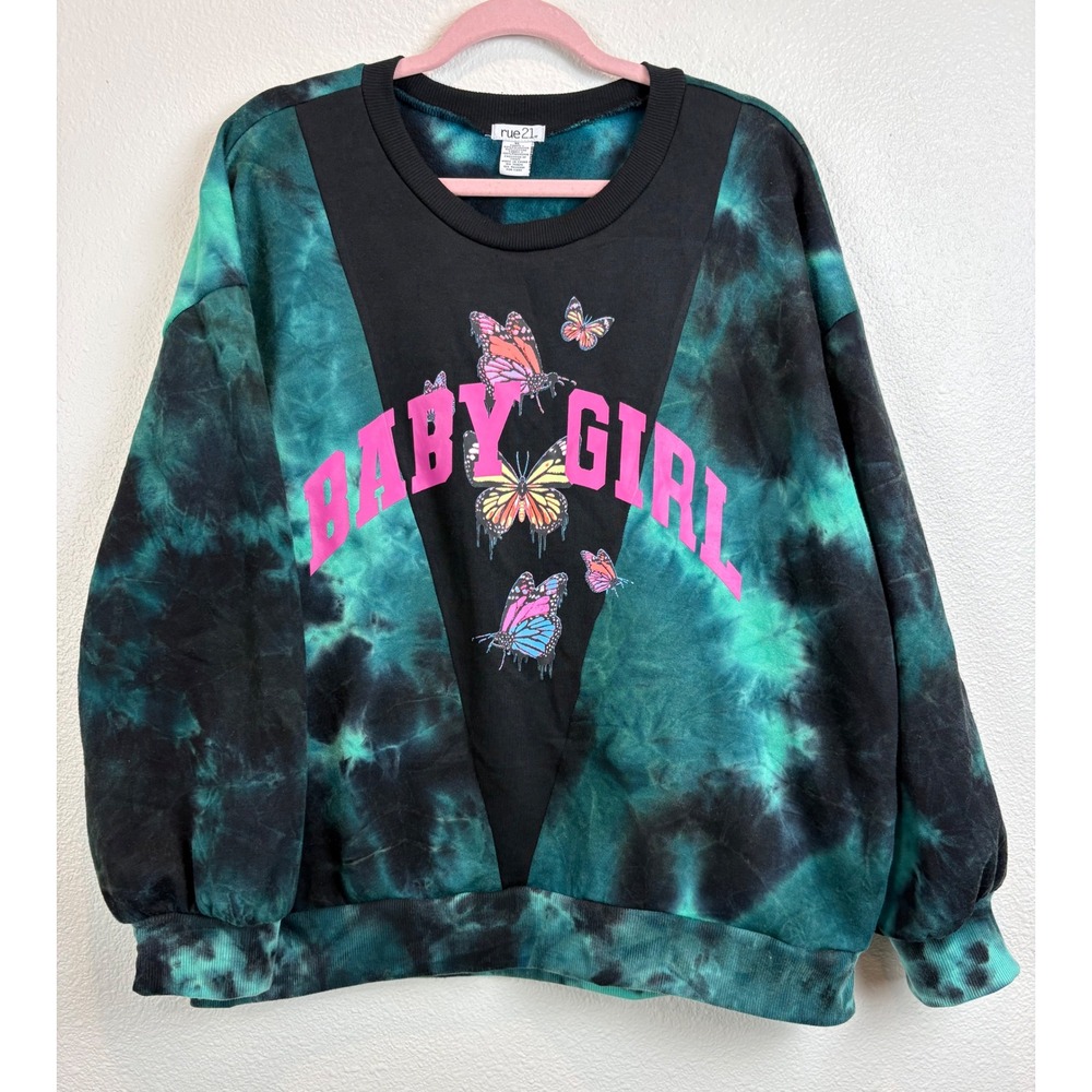 rue21 Womens Baby Girl Butterfly Sweatshirt Tie Dye Y2K Grunge Oversized XL Soft